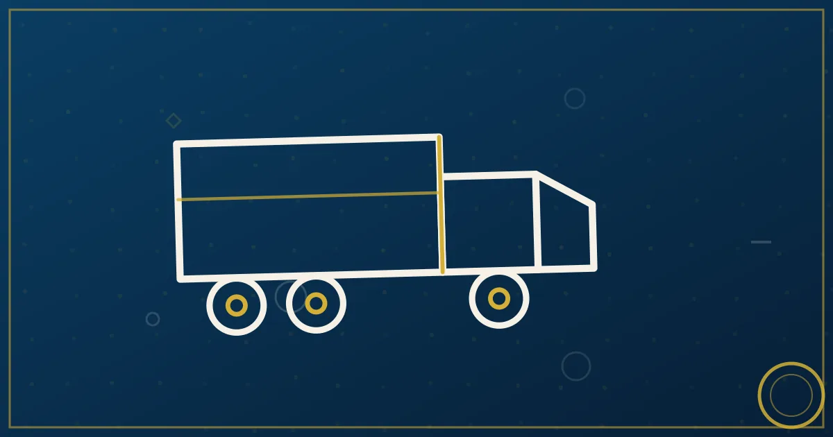 Line-art balance scale with a percentage symbol and a mile-marker post, a small truck beneath the beam