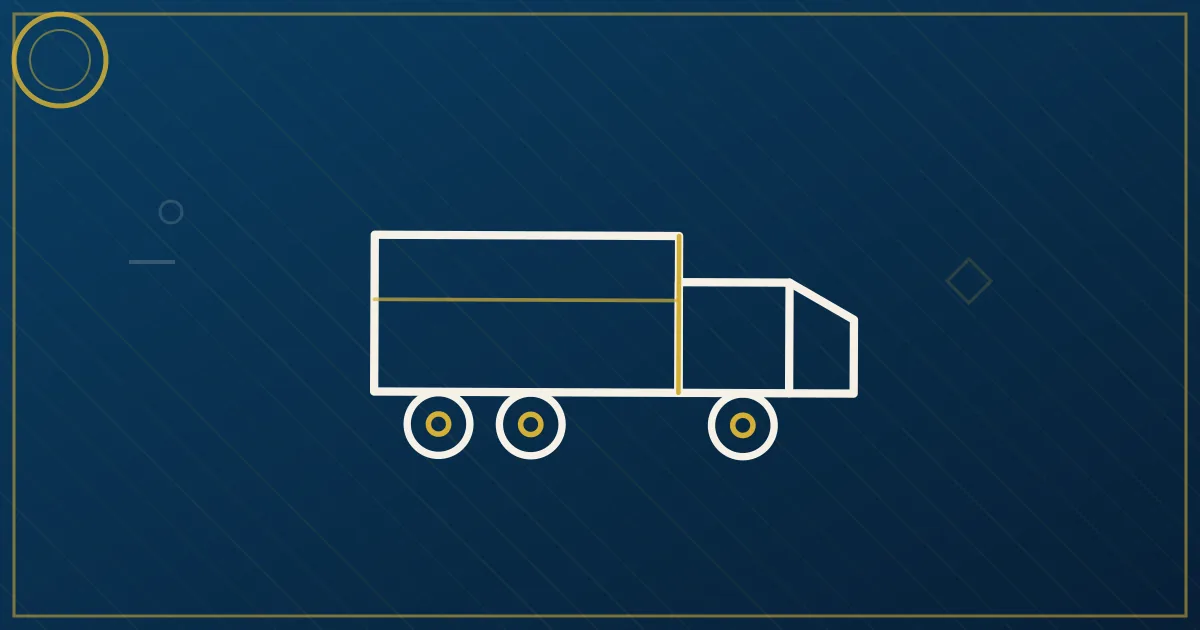 Lapis-blue and gold illustration of large paper rolls being loaded onto a flatbed truck at an industrial mill