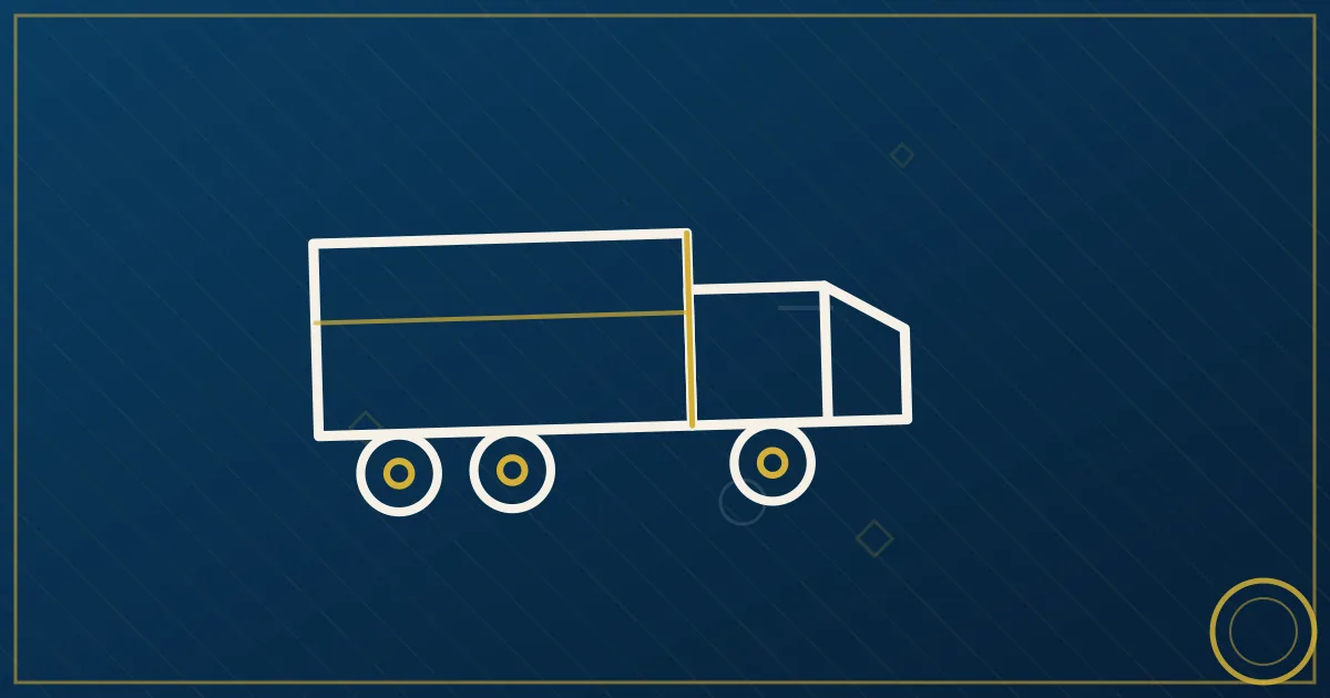 Line-art fuel tanker trailer with a droplet badge, route lines from a refinery tank farm to a gas station canopy