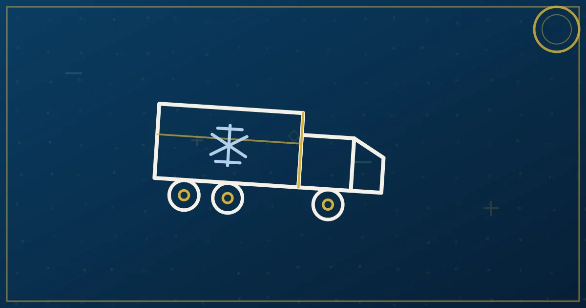 Line-art reefer trailer with a cross badge, a data-logger graph line running steady across a thermometer
