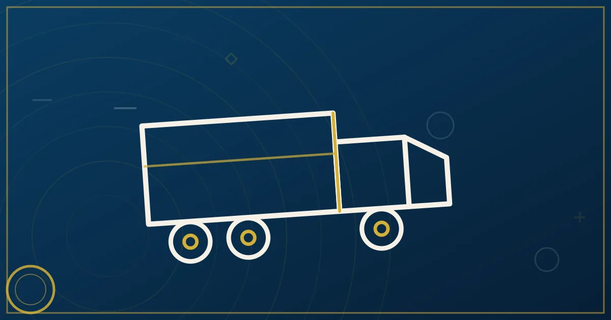 Lapis-blue and gold illustration of a refrigerated semi truck with a snowflake and shield motif on a highway