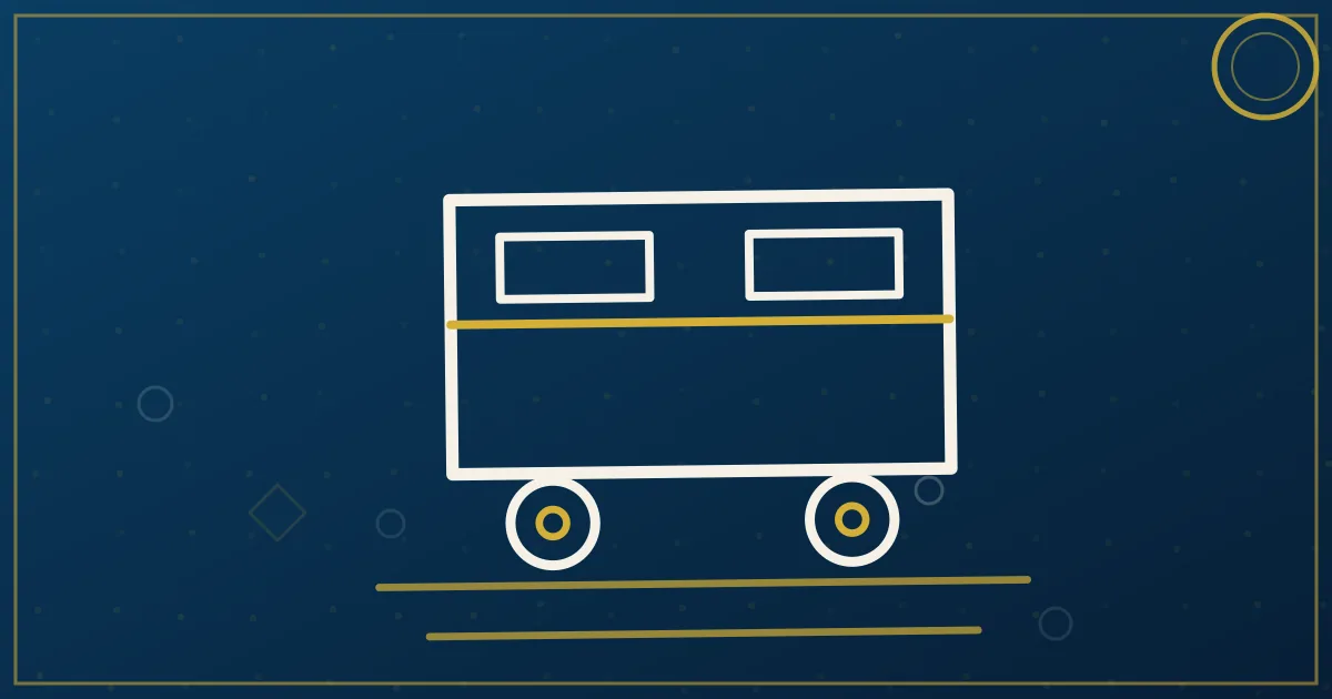 Lapis-blue and gold illustration of container and flatbed trucks at a river port city skyline behind, Northeast drayage