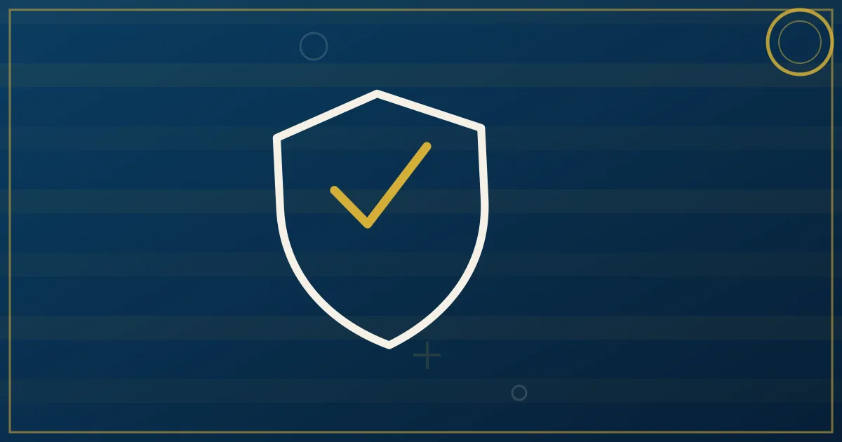 Lapis-blue and gold illustration of a semi truck with a protective shield motif and a wrench crossed over a document