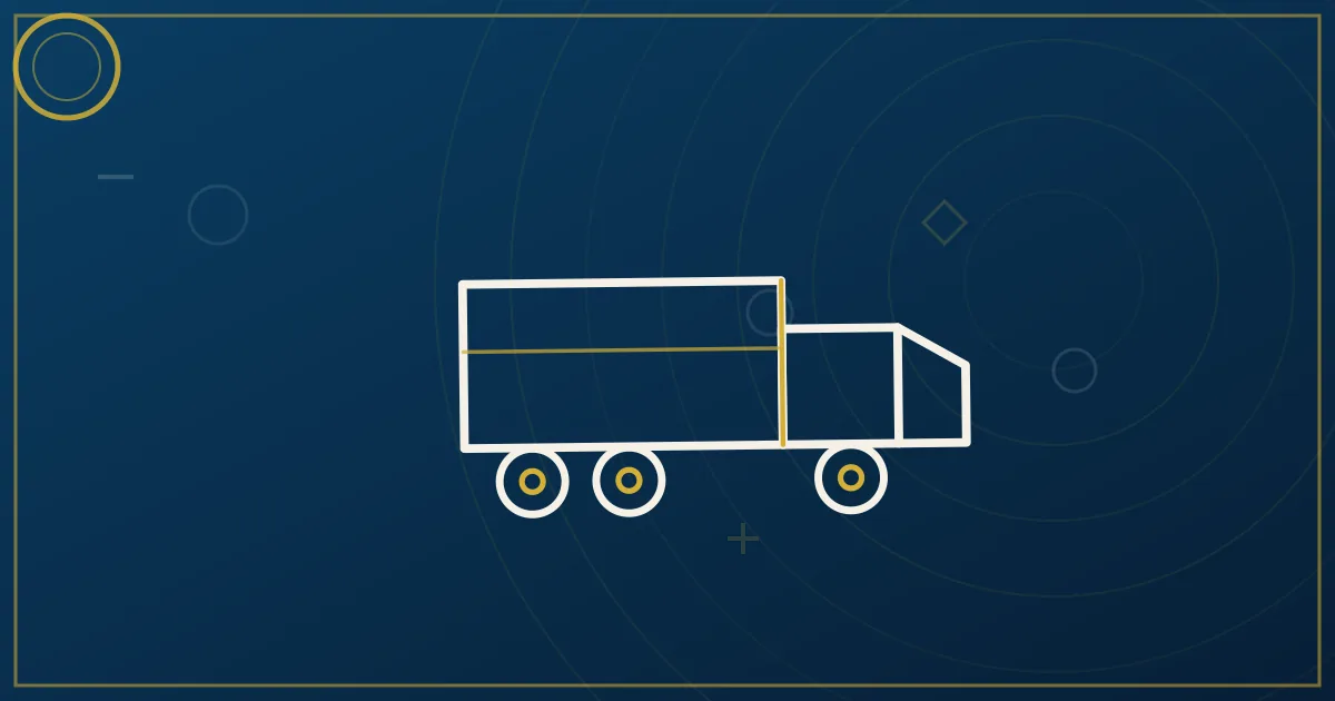 Lapis-blue and gold illustration: tanker truck with environmental shield. No text, no people, no flags.