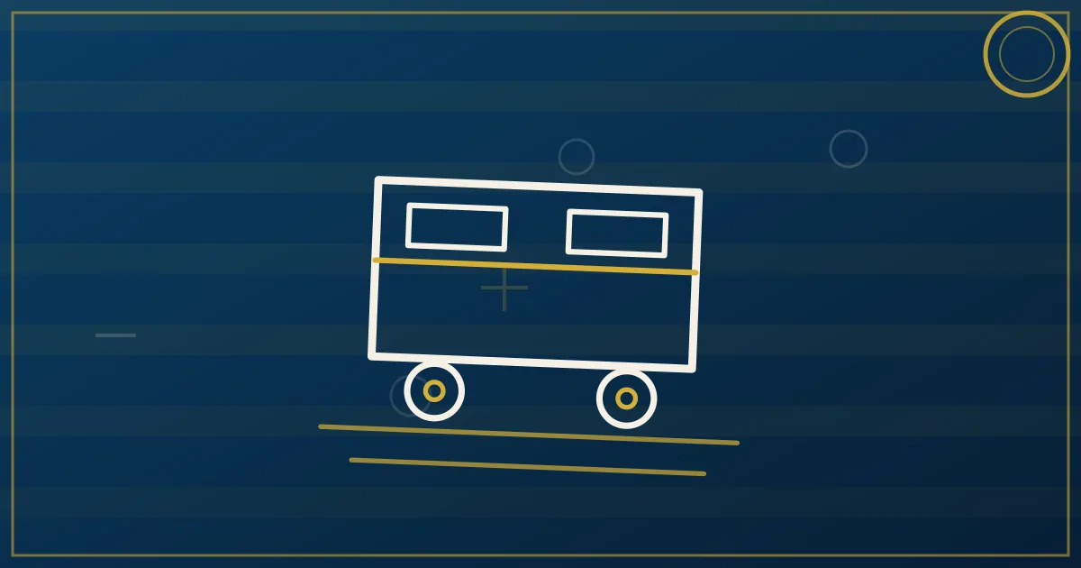 Lapis-blue and gold illustration of reefer trucks at a Gulf Coast port terminal with palm silhouettes, produce drayage theme