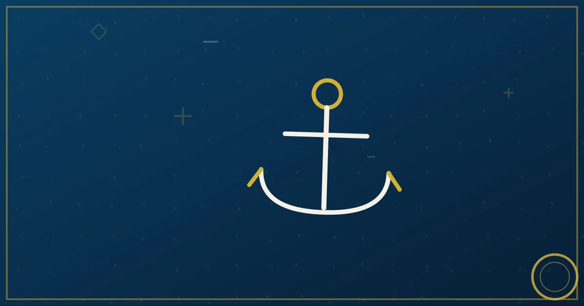 Line-art container cranes over a river curve, coffee-bean motifs in container stacks, crescent arc, lapis blue and gold