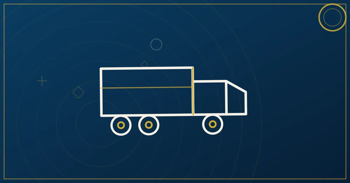 Line-art tractor hooking a trailer with warehouse buildings and a highway interchange behind