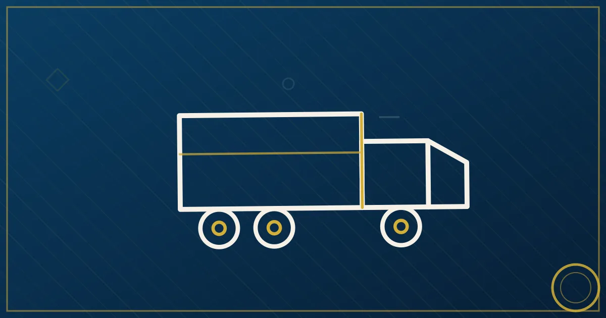 Line-art tractor hooking a trailer at a distribution center with a directional exit-corridor arrow