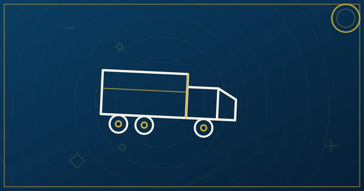 Line-art tractor between a distribution center and a port crane with a triangular route connecting them