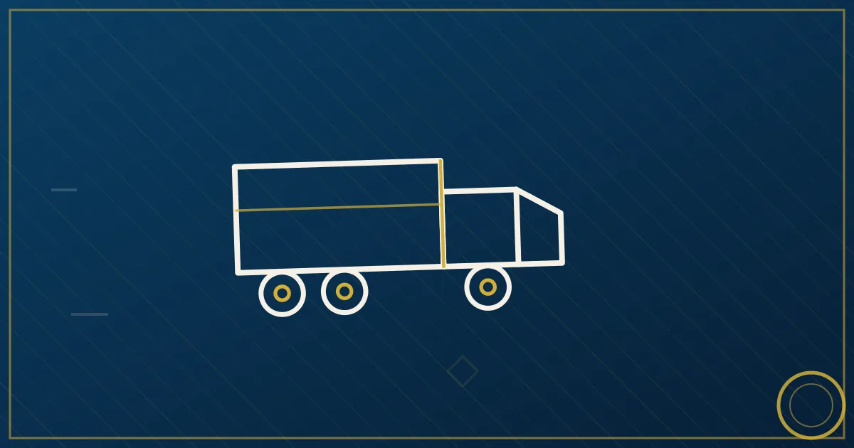 Line-art tractor pulling a container chassis with port cranes and a toll-gantry icon behind