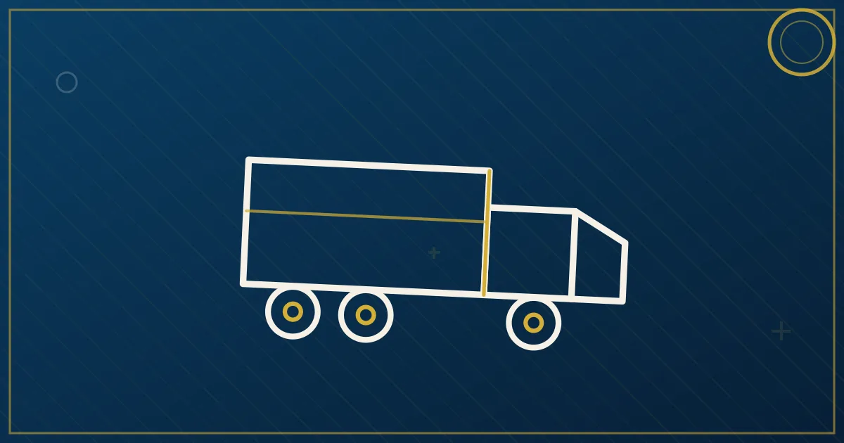 Line-art tractor beside a distribution center with a circular trailer-pool arrow and highway lines