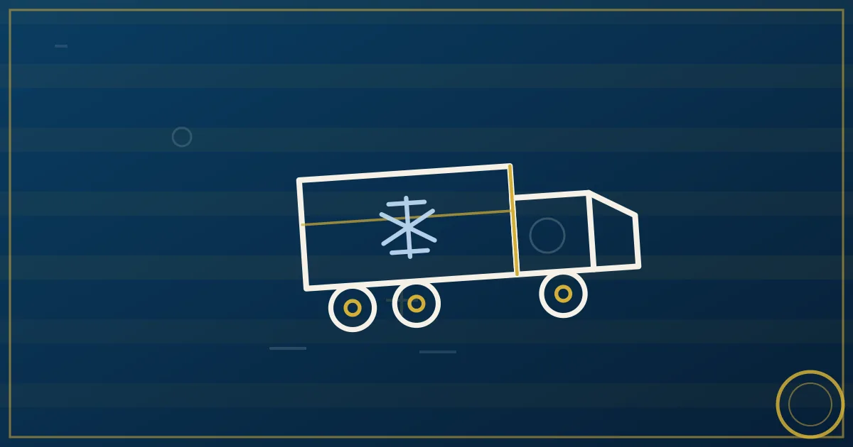Line-art reefer trailer with a snowflake badge, fresh produce crates stacked beside it and a clock face overhead