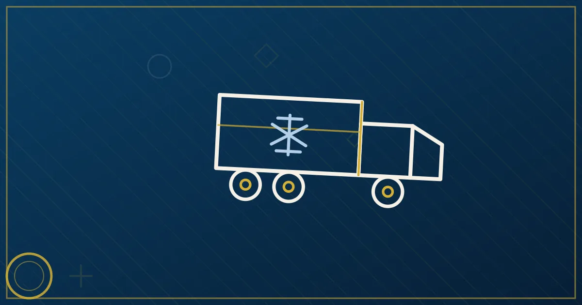 Line-art refrigerated trailer with snowflake gauge, thermometer log scroll unrolling beneath, shield over the cargo