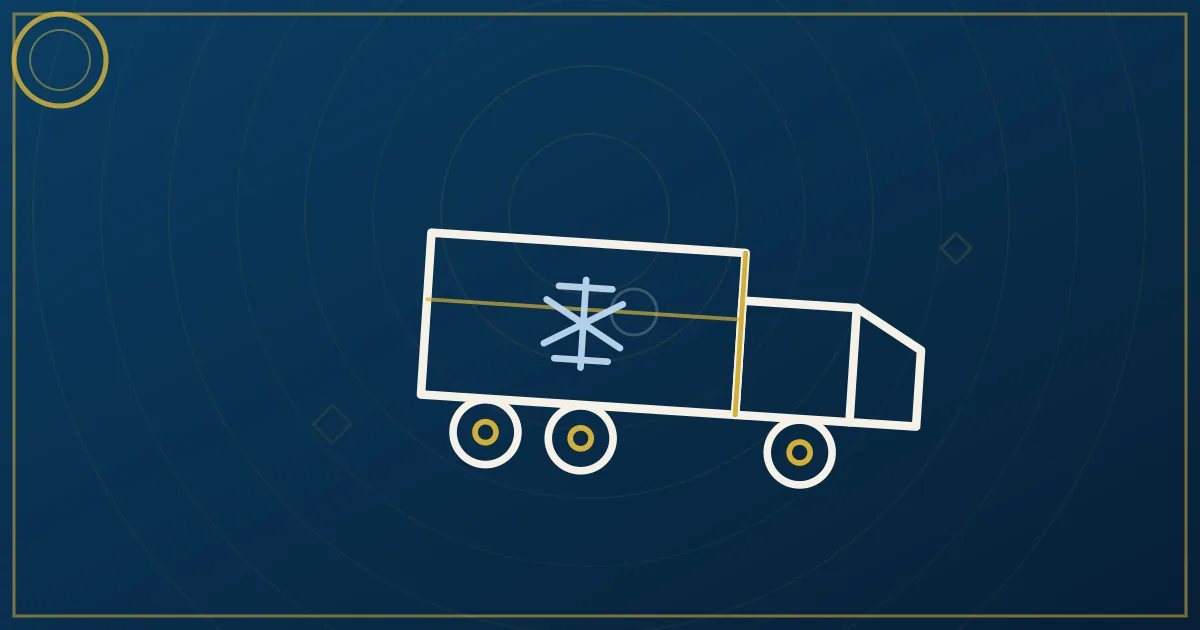 Lapis-blue and gold illustration: reefer truck in desert farmland. No text, no people, no flags.