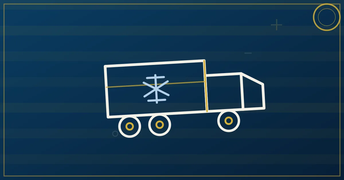 Line-art reefer trailer cross-section showing cold-air circulation over pallet stacks with a snowflake motif