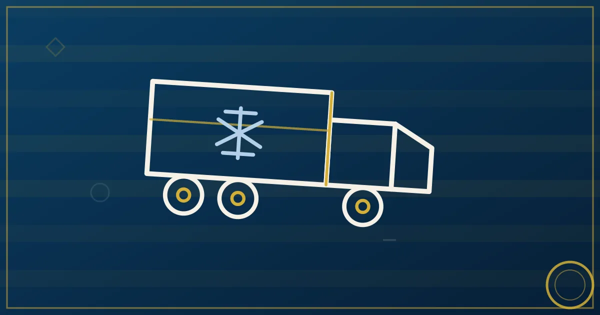 Line-art container ship silhouette behind a reefer trailer with a cold-air line connecting ship to trailer to city skyline