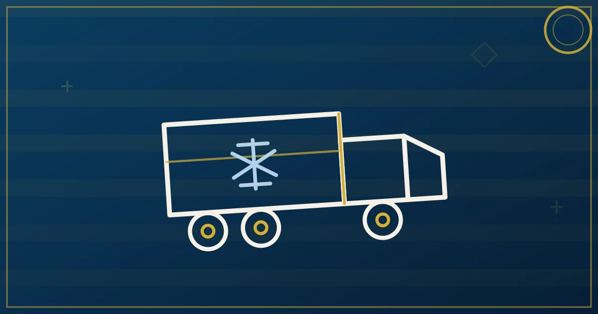 Line-art compass rose with four corridor arrows and a reefer trailer at the center hub