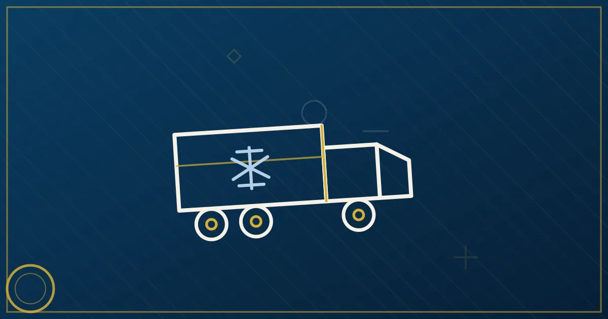 Lapis-blue and gold illustration: reefer truck in apple orchard country. No text, no people, no flags.