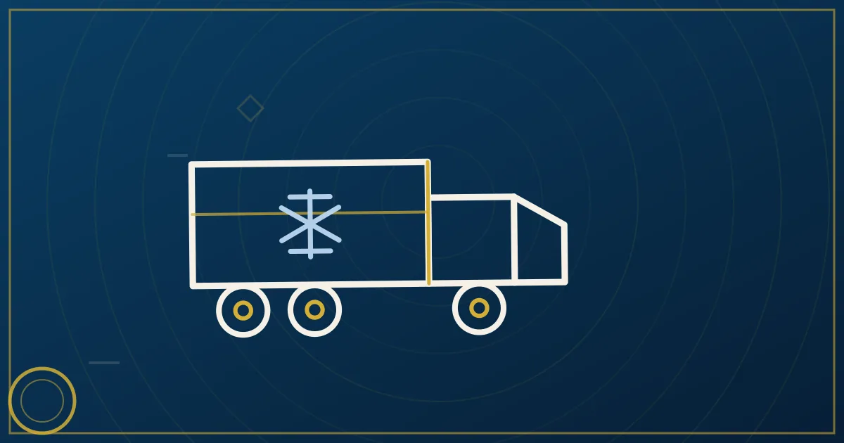 Lapis-blue and gold illustration of a refrigerated trailer with a glowing temperature gauge on a night highway