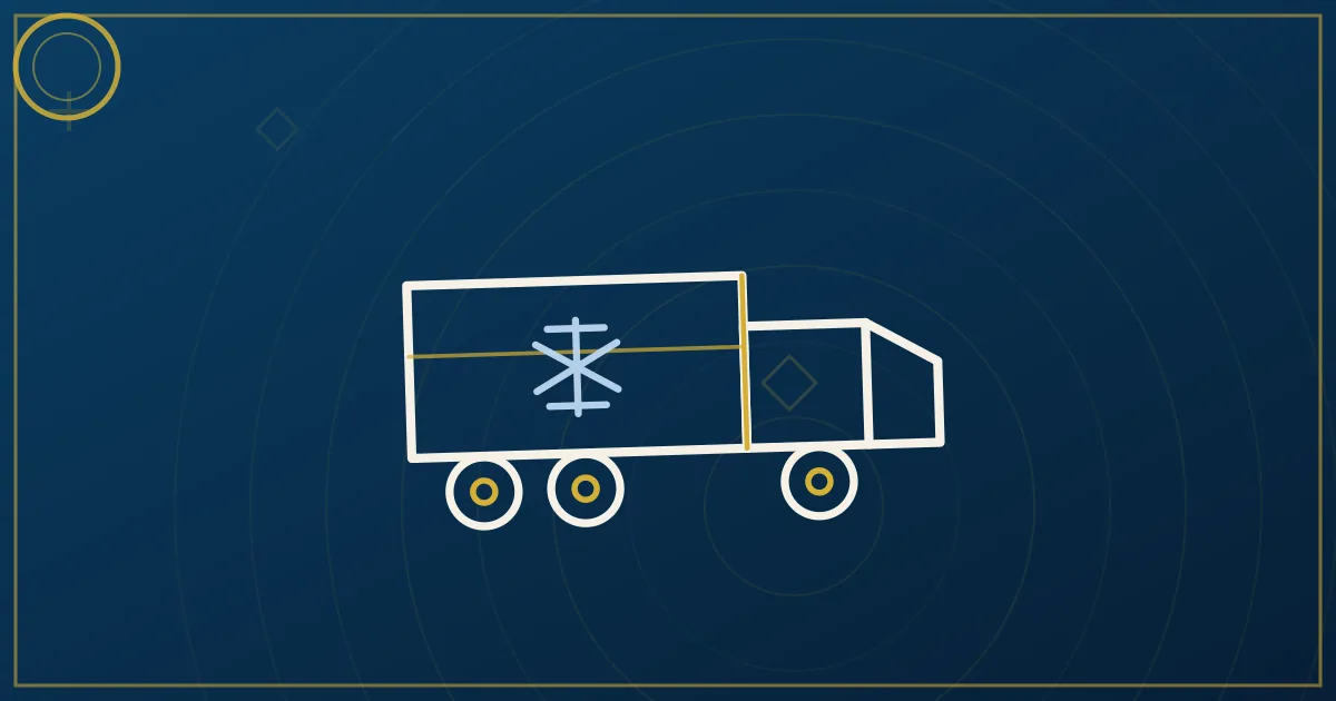 Line-art refrigerated trailer with a snowflake emblem and temperature gauge, route line through produce-crate icons