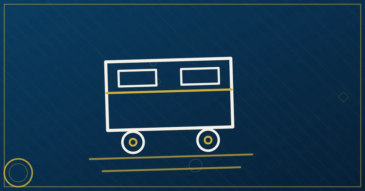 Lapis-blue and gold illustration of a semi trailer with a price tag and a handshake motif beside it