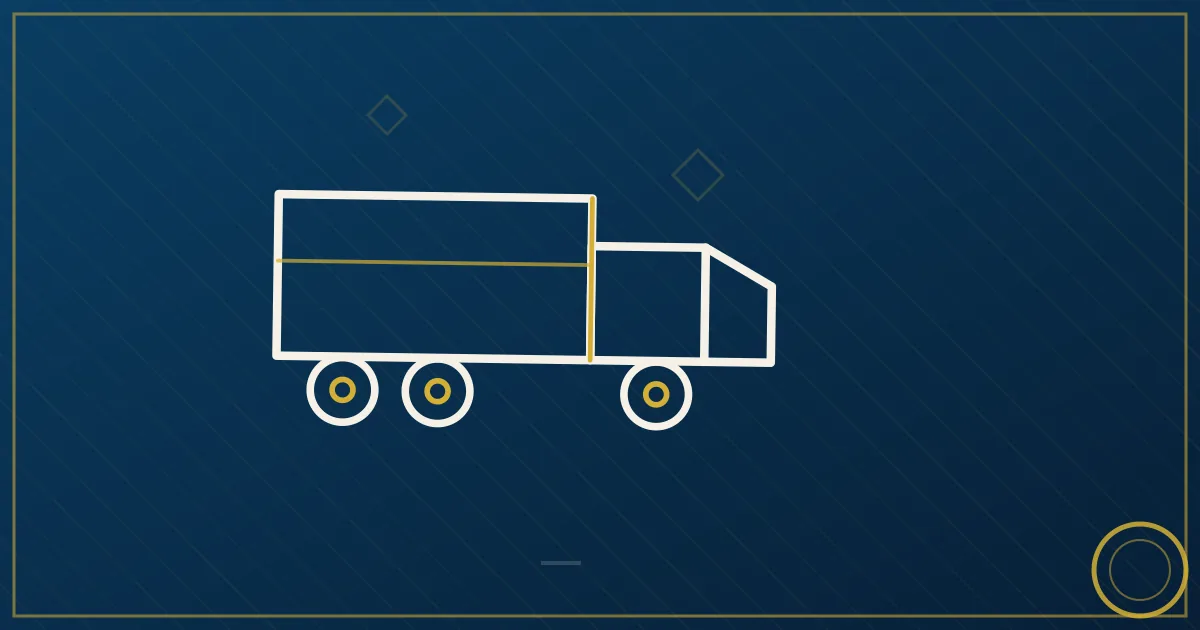 Line-art distribution center with dock doors, checkmark scorecard above the roof, dotted truck routes fanning to storefronts