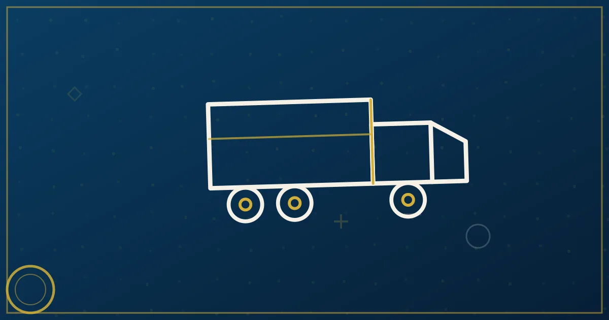 Lapis-blue and gold illustration of a signed contract document with a pen beside shipping terms and a semi truck