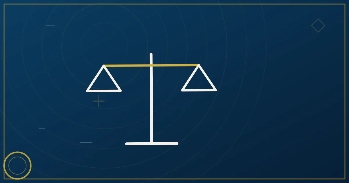 Lapis-blue and gold illustration of a balanced scale with a contract document and a semi truck