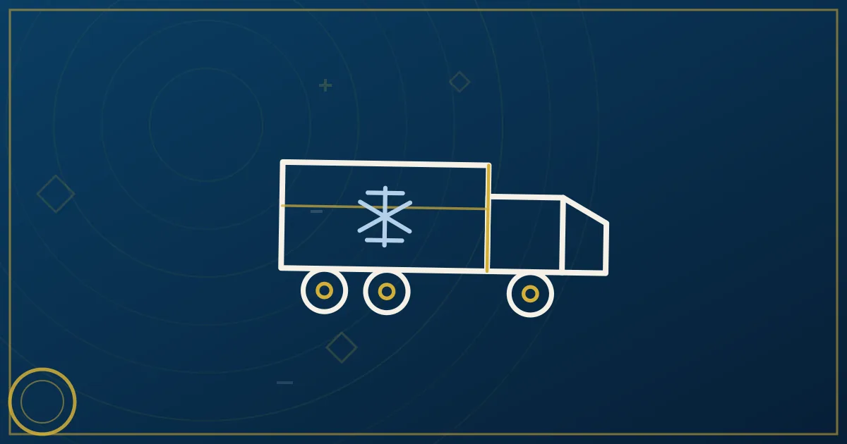 Lapis-blue and gold illustration of a refrigerated truck at a produce packing facility with produce, spring harvest theme