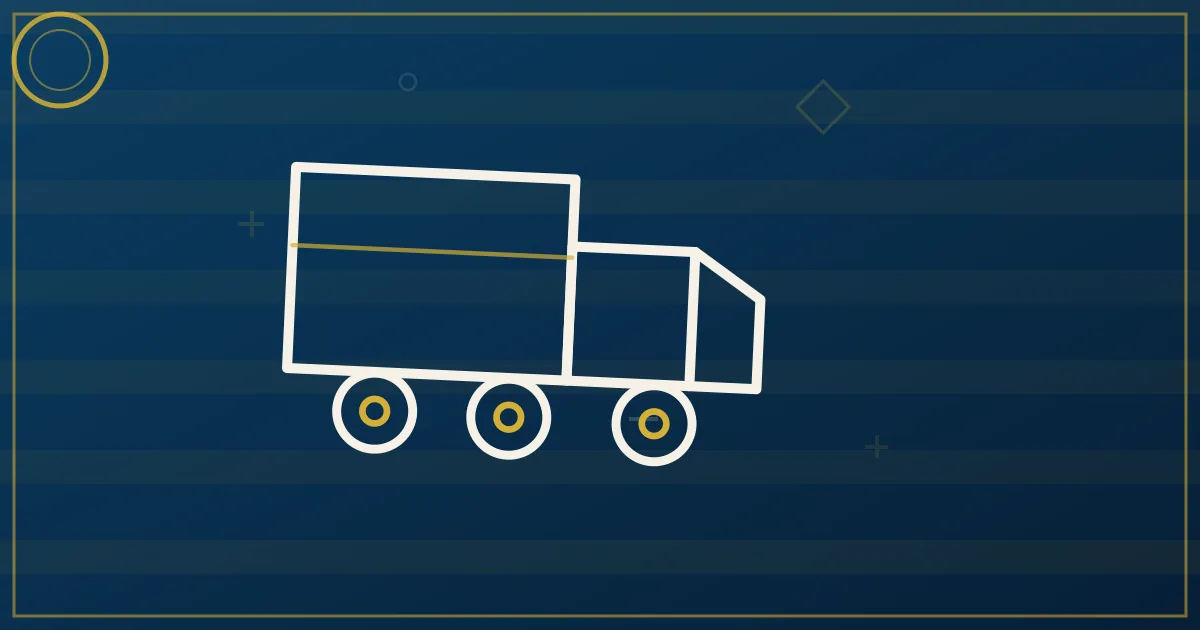 Lapis-blue and gold illustration: sprinter van near airport cargo terminals. No text, no people, no flags.