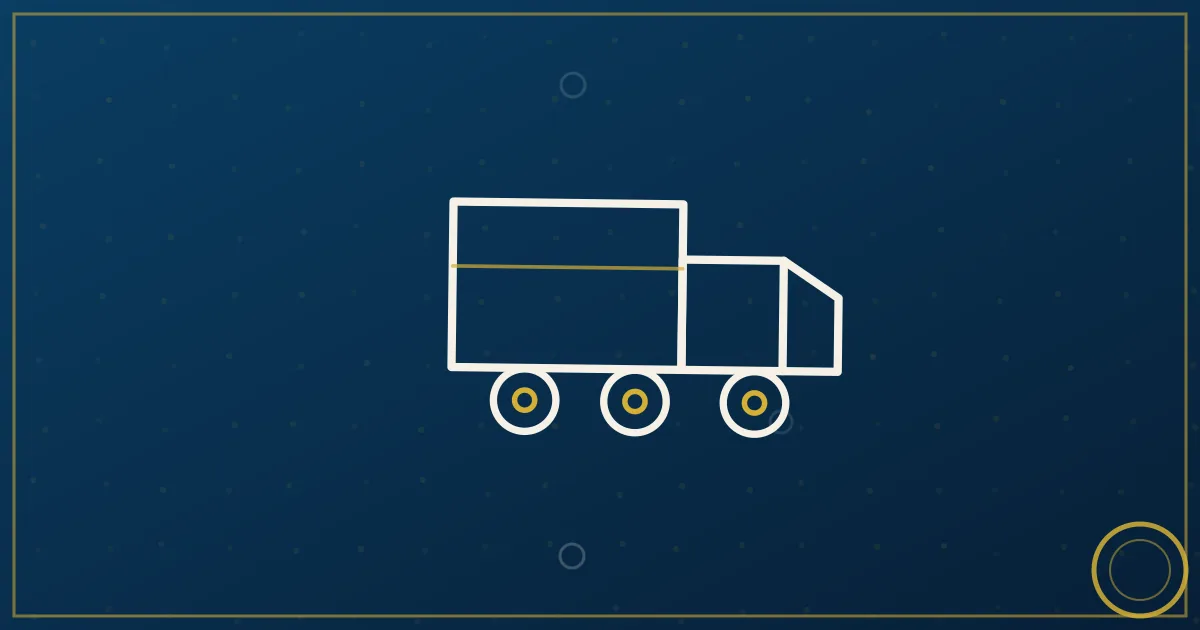 Lapis-blue and gold illustration of a white sprinter van on a coastal Florida highway with palm silhouettes and city skyline