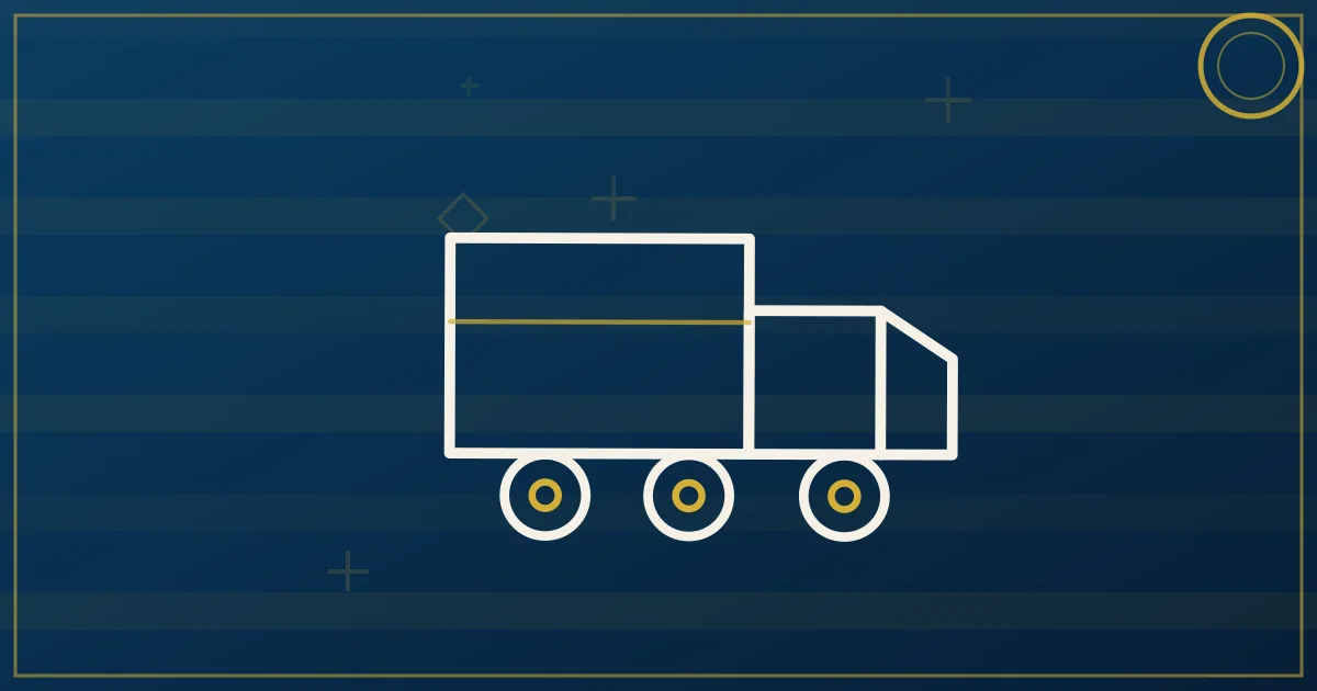 Lapis-blue and gold illustration: sprinter van on a Texas highway at dawn. No text, no people, no flags.