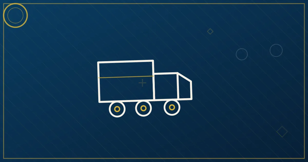 Line-art cargo van with lightning-bolt urgency marks racing along a route between an airport and a factory