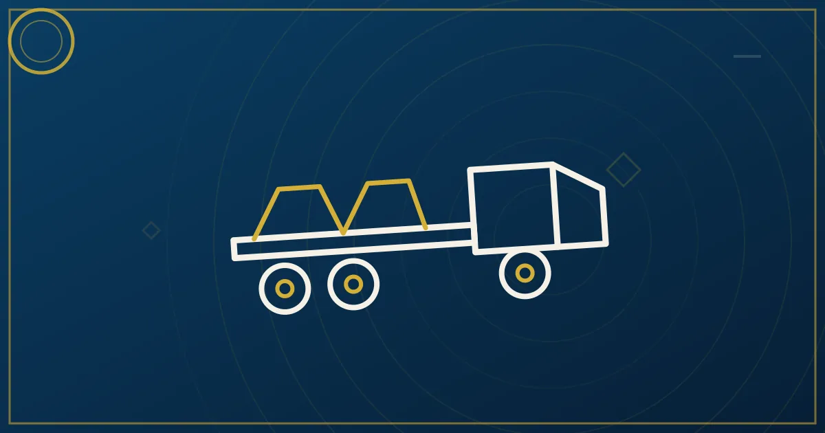 Line-art flatbed carrying a secured steel coil with chains and coil rack, mill buildings and beam stacks behind