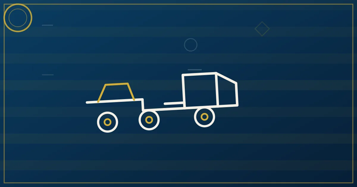 Line-art step deck trailer with its dropped lower deck carrying a tall tractor, height arrows showing legal clearance