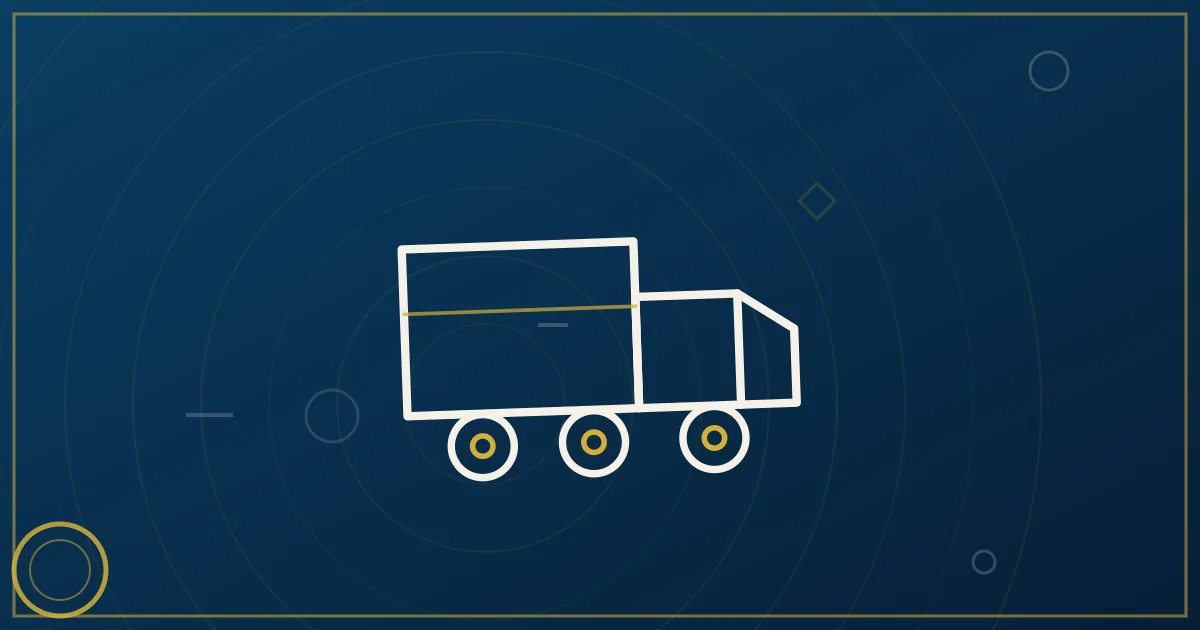 Line-art straight truck with rear doors open at a tech-campus loading dock, circuit patterns on the highway