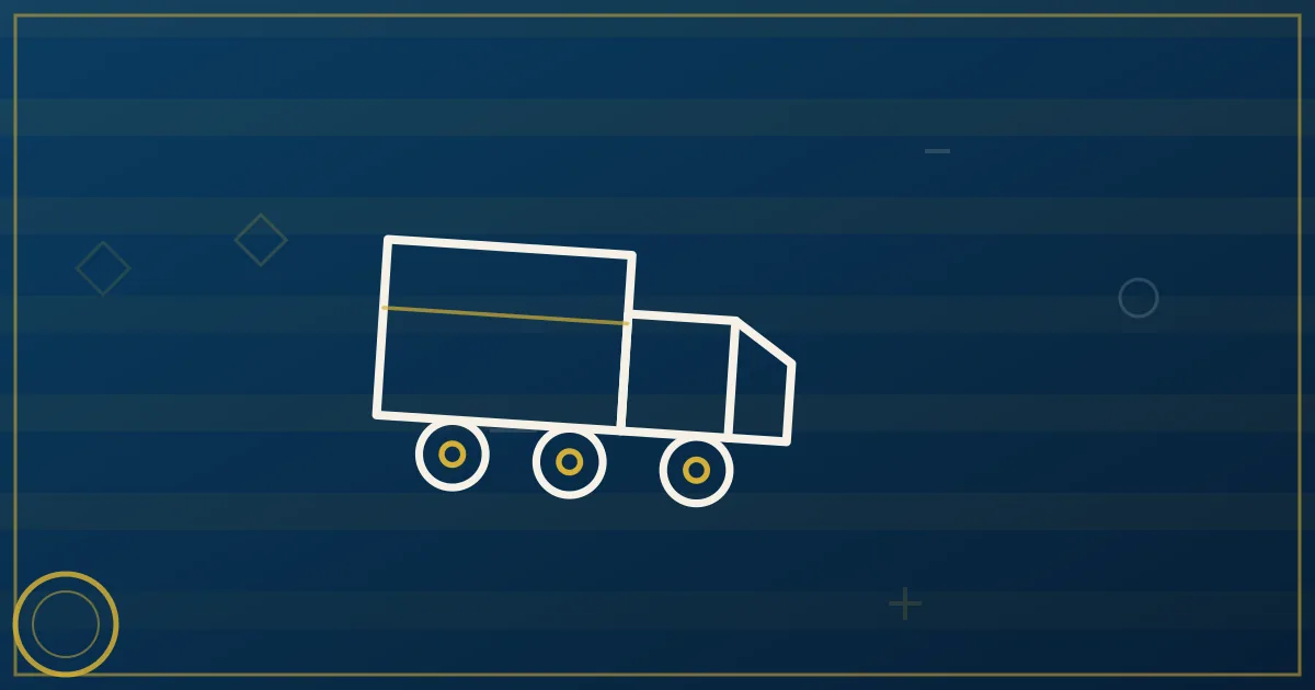 Line-art straight truck with event crates and stage-light trusses at a venue loading dock, spotlight above