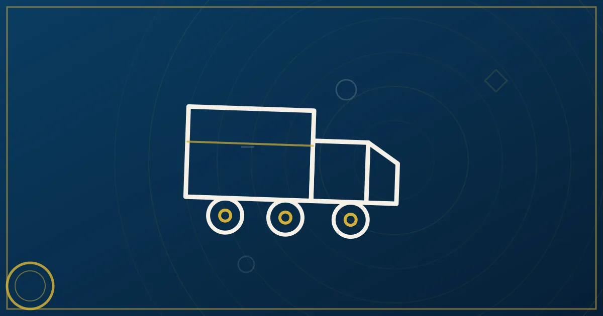 Line-art straight truck at a Chicago rail intermodal yard with container stacks and highway shields