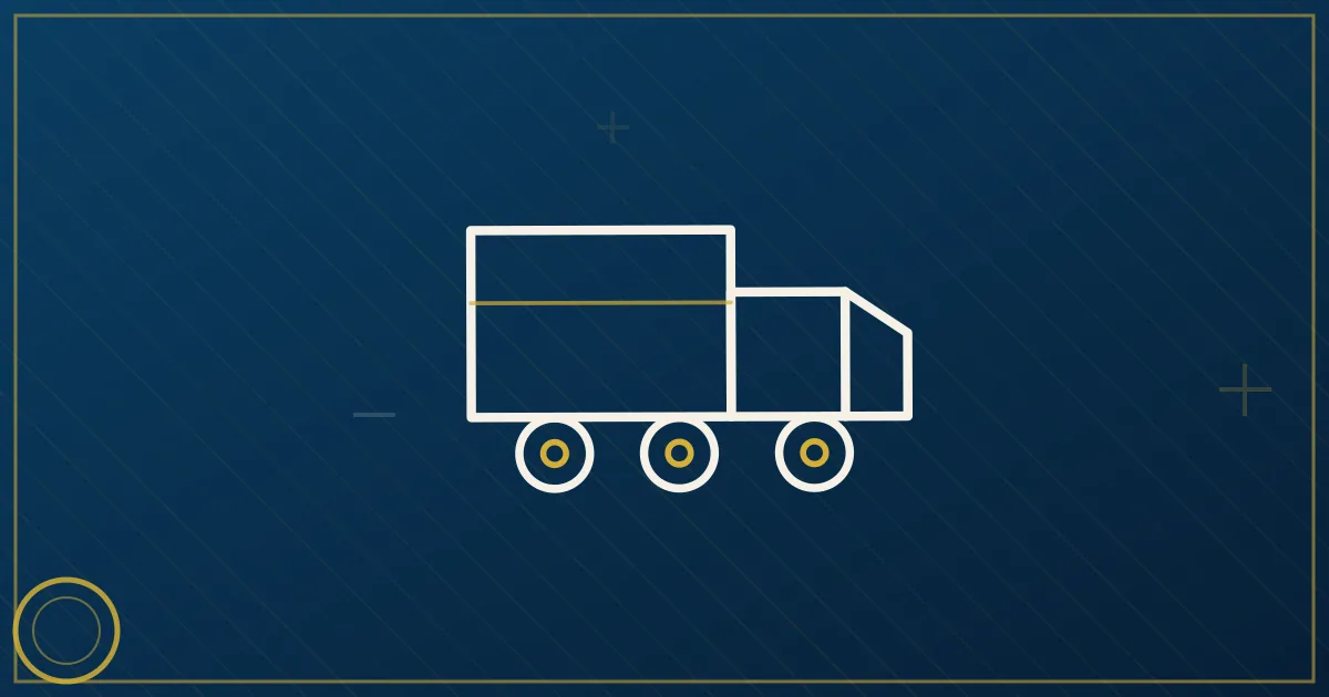 Line-art straight truck between a container ship and city skyline with port cranes and toll gantry