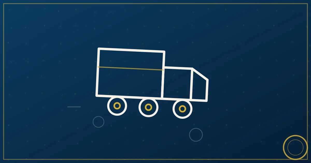 Line-art straight truck with dock-height rear doors aligned to a loading dock and a clock above the dock door