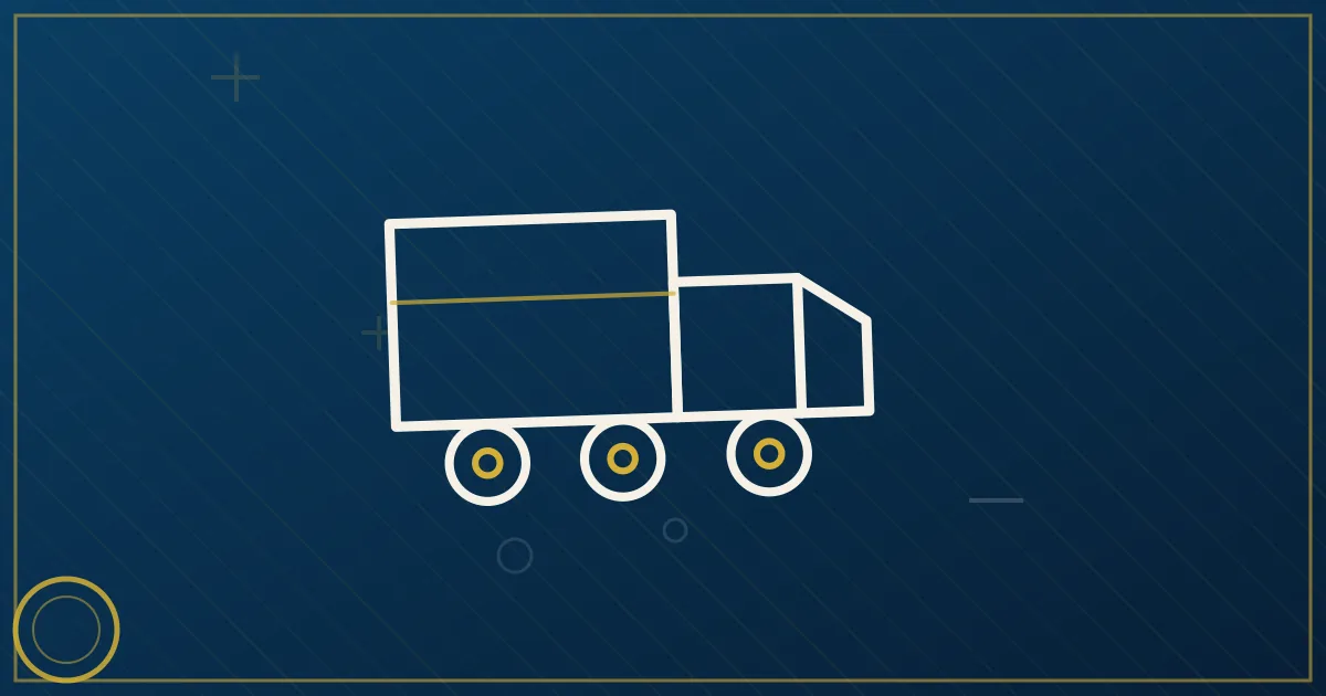 Line-art straight truck with sleeper cab and liftgate, urgent-route arrow sweeping from factory to destination