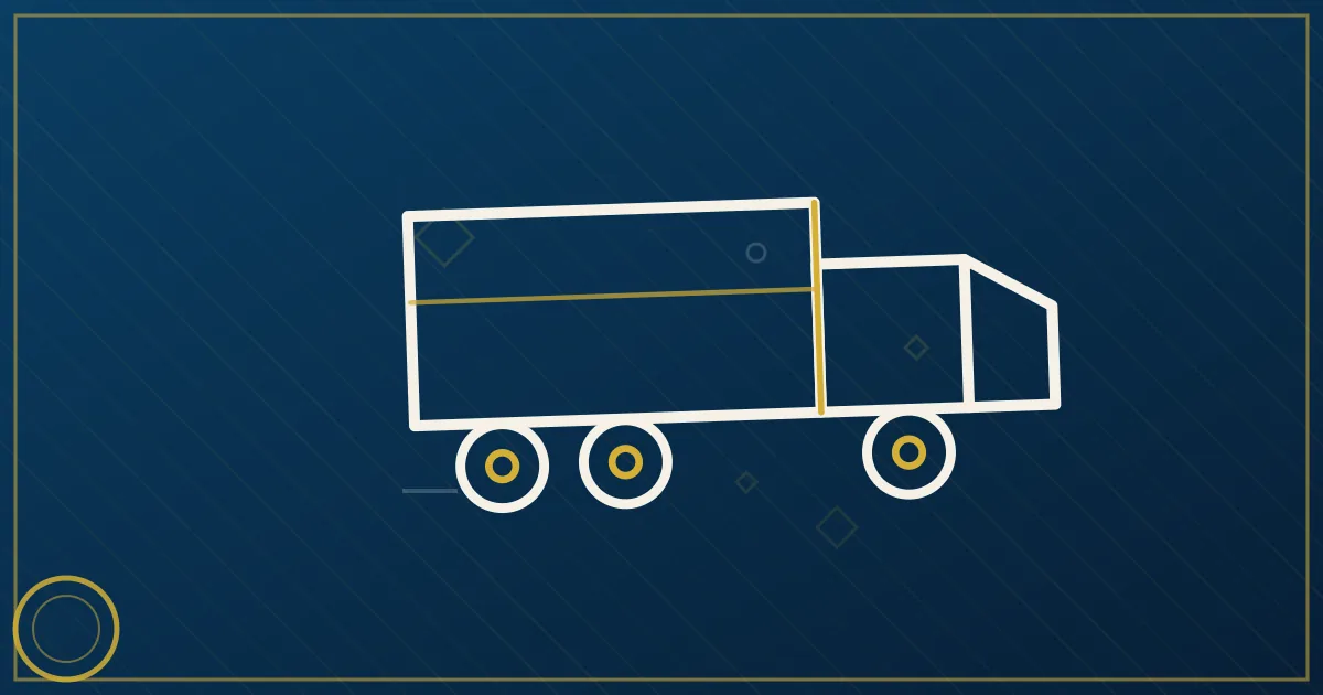 Line-art highway splitting toward a port crane on one side and farm fields on the other, a semi at the fork