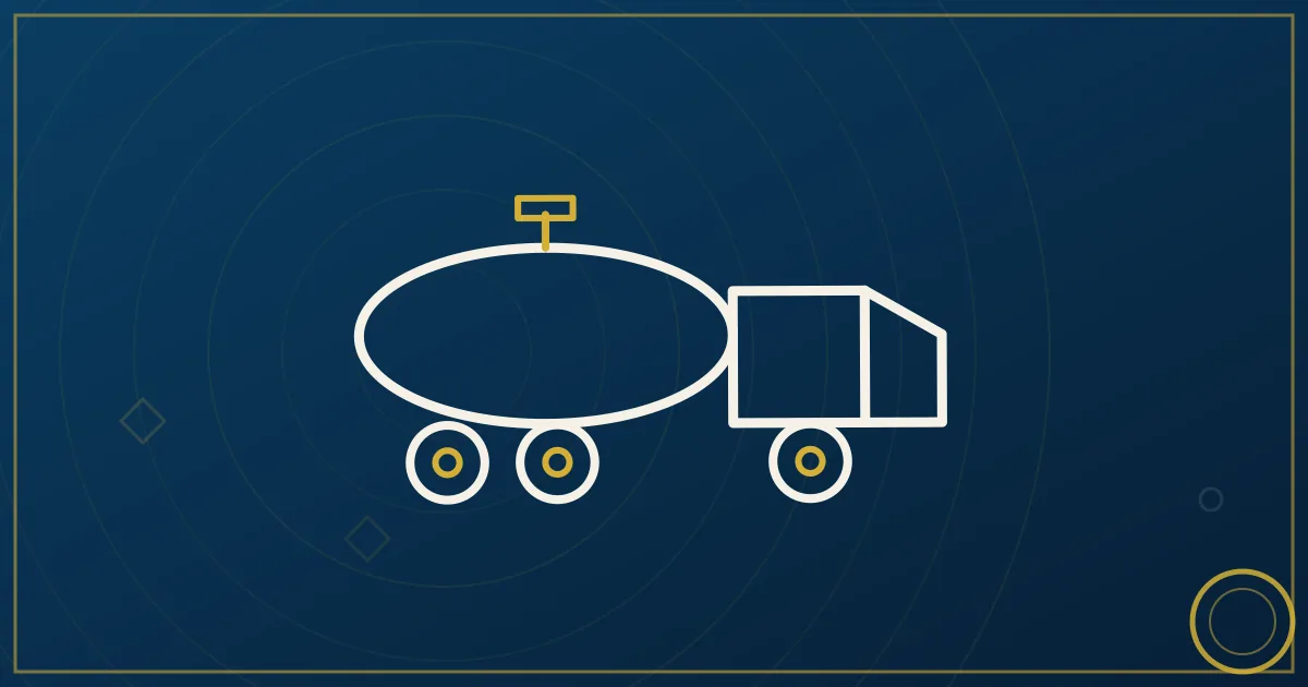 Lapis-blue and gold illustration: tanker truck near oilfield pump jacks. No text, no people, no flags.