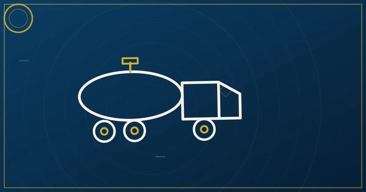 Lapis-blue and gold illustration: tanker trucks near refinery towers. No text, no people, no flags.