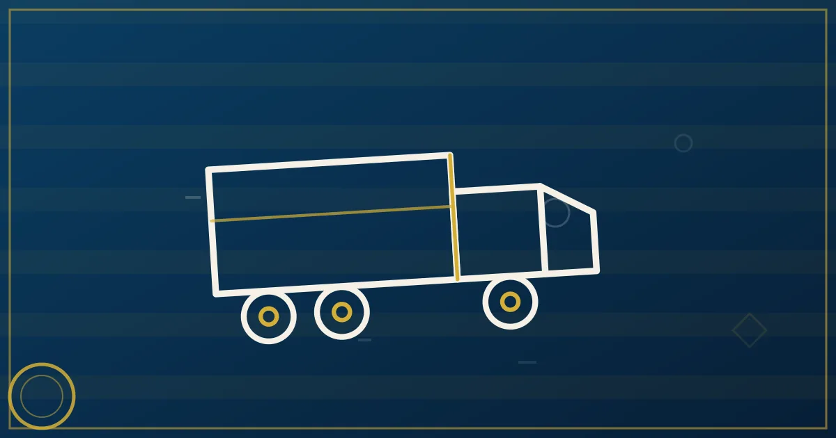 Line-art truck with two geometric driver figures under a moon-to-sun arc showing continuous operation