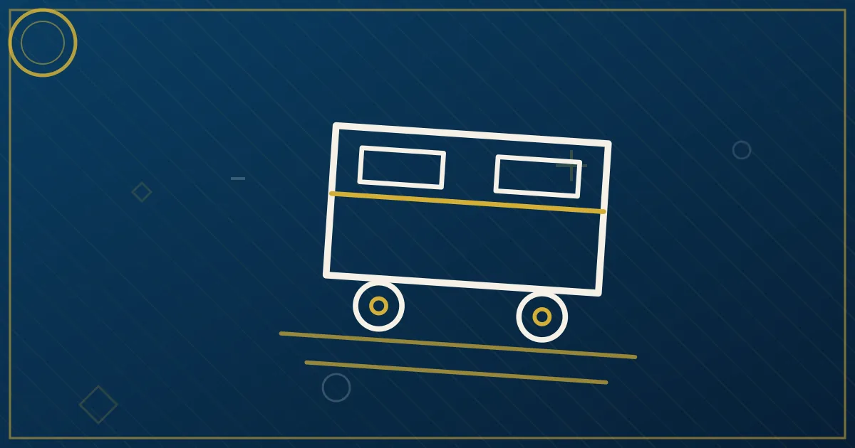 Line-art container sequence: crane loading a chassis, tractor at a terminal gate, then to a warehouse, with flow arrows