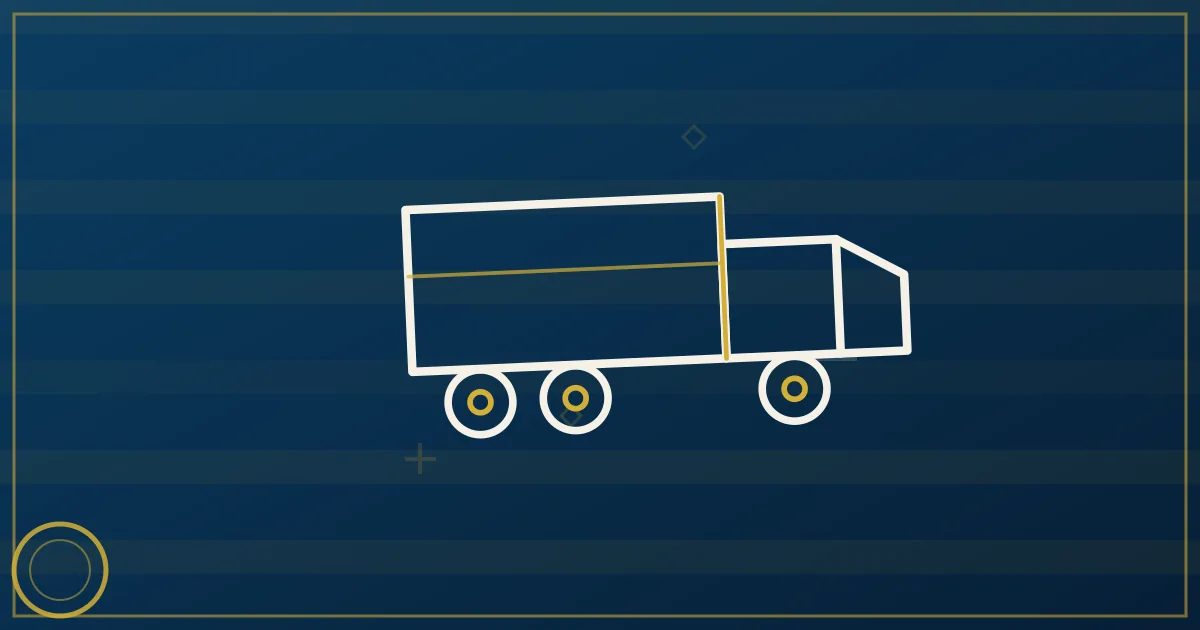Line-art tire stack in laced formation in a trailer, calendar arc with two surge peaks, dotted routes to dealers