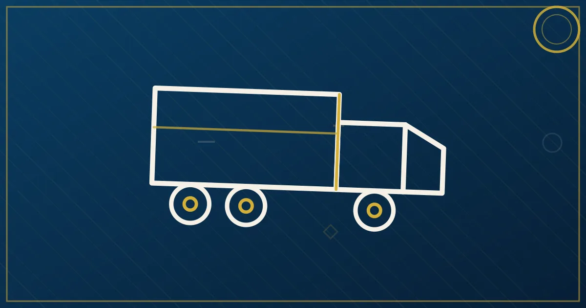 Lapis-blue and gold illustration: heavy wrecker towing a semi truck. No text, no people, no flags.