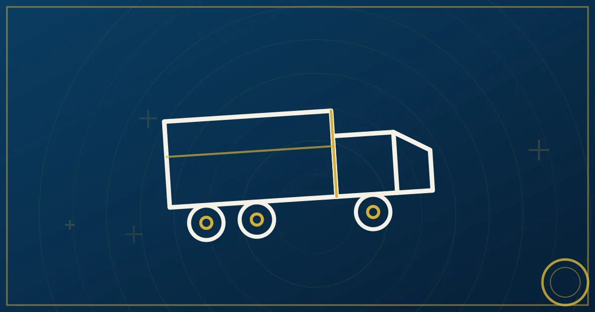 Lapis-blue and gold abstract art of a semi truck on a highway along a wide river with a city skyline