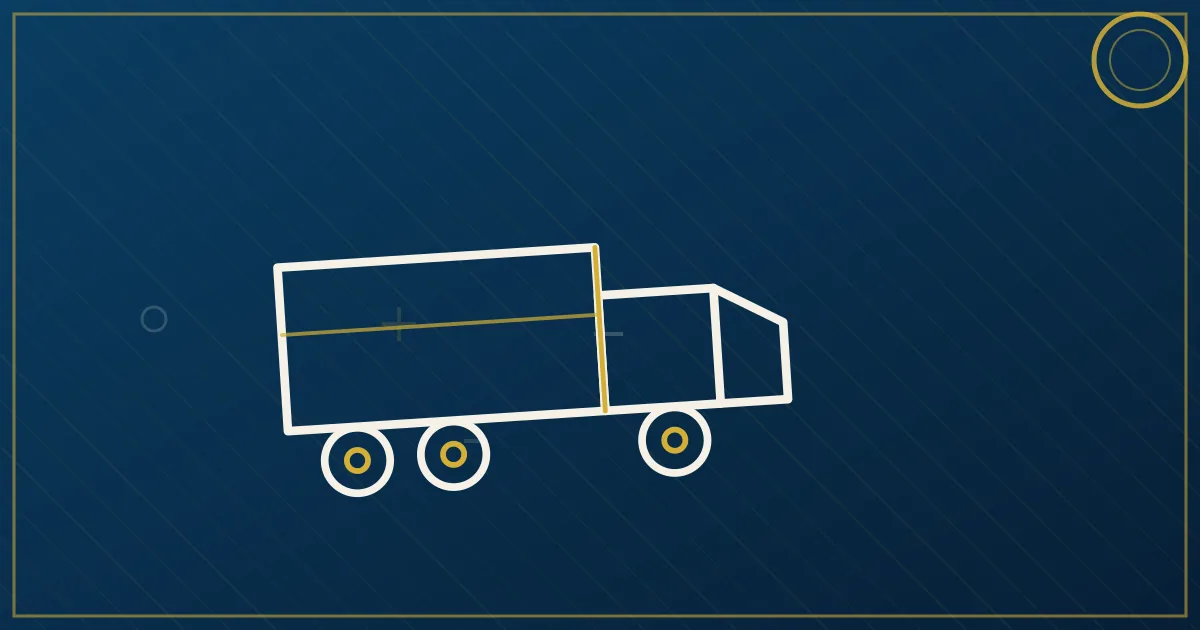 Lapis-blue and gold semi-truck illustration near the Amarillo skyline and Panhandle plains, no text
